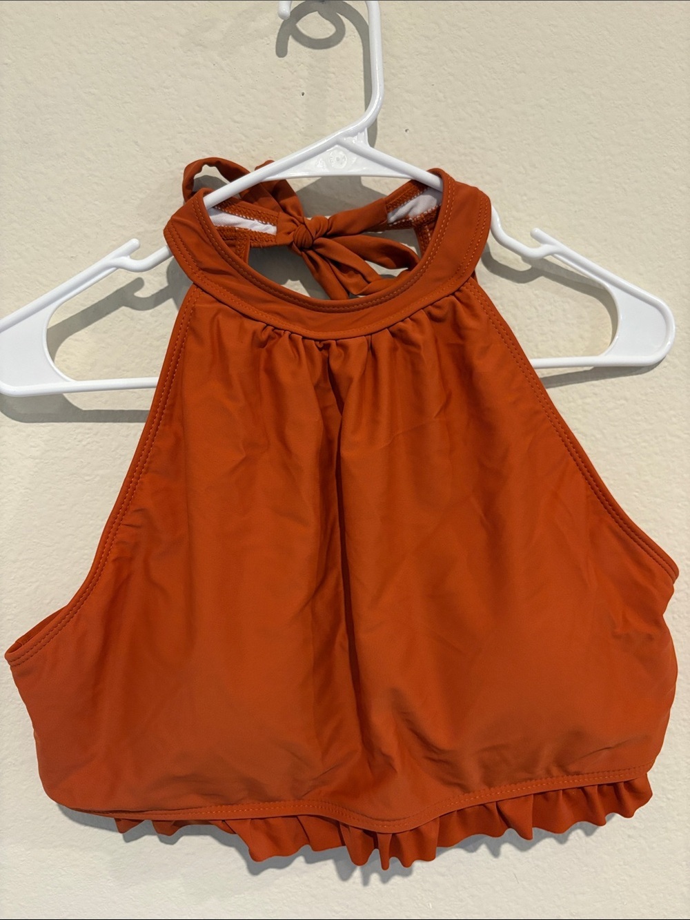 Rust orange colored 2 piece bikini with ruffles halter top full coverage bottom - Picture 2 of 2